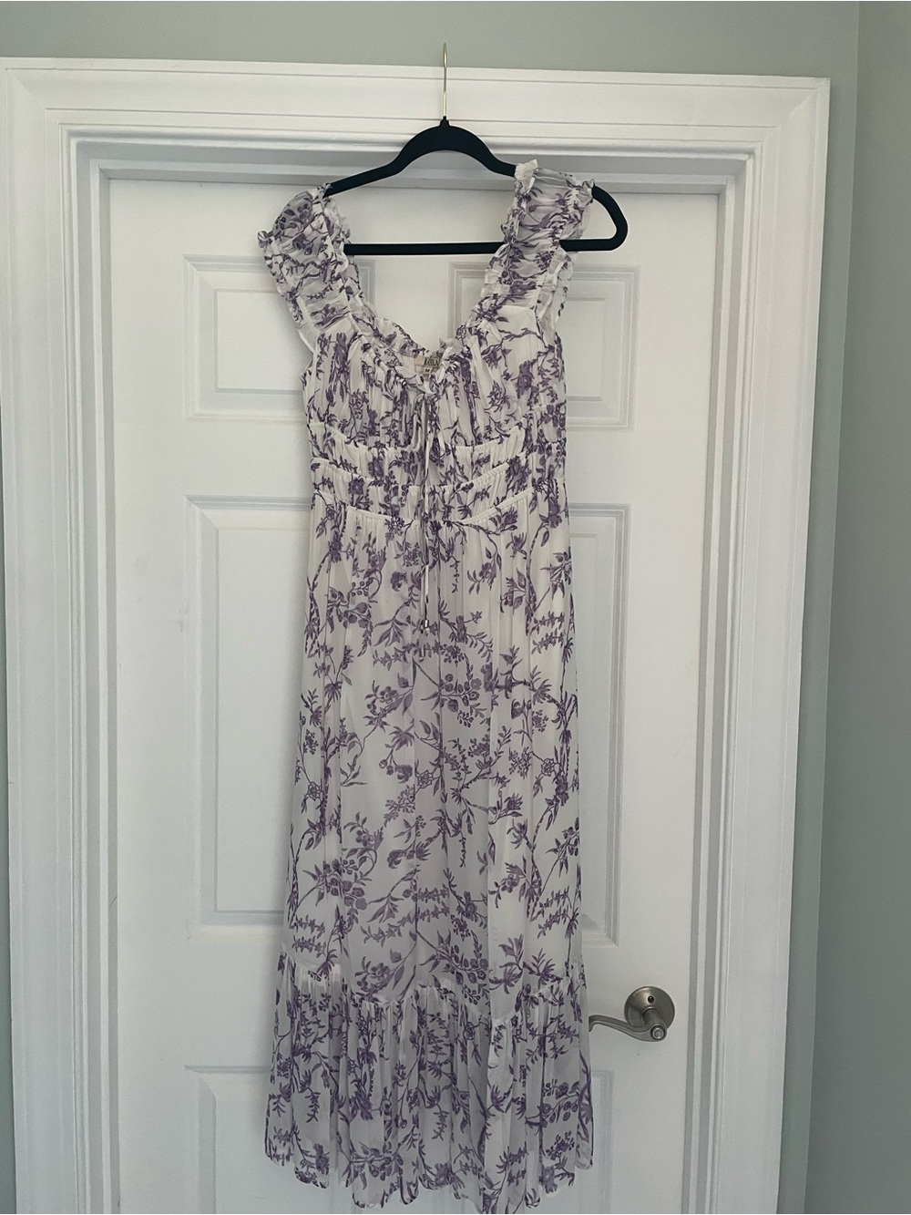 NEW with tags. Floral Ruffled Maxi Dress - Purple on white with pockets.